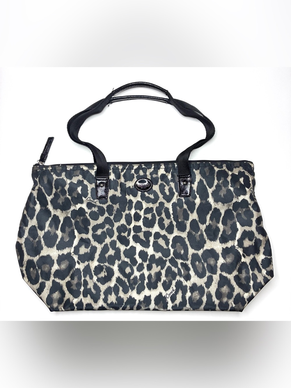 Coach Ocelot Leopard Print Nylon Tote Bag Patent Leather Trim Black Gray